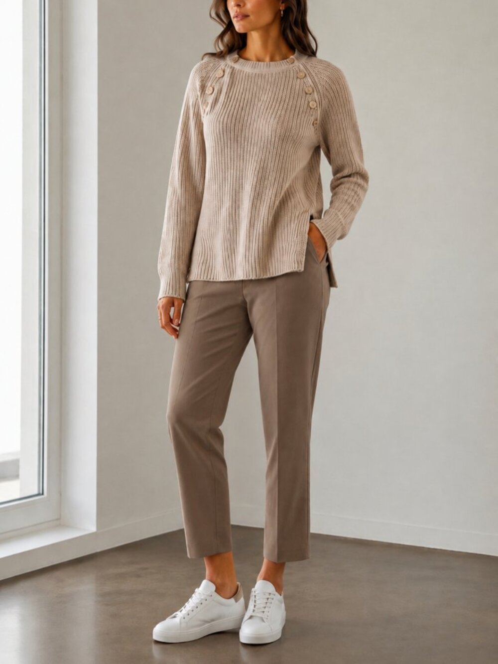 Maje wool oatmeal gold buttons rib knit/chunky knit side slits hi/loSweater Sz S